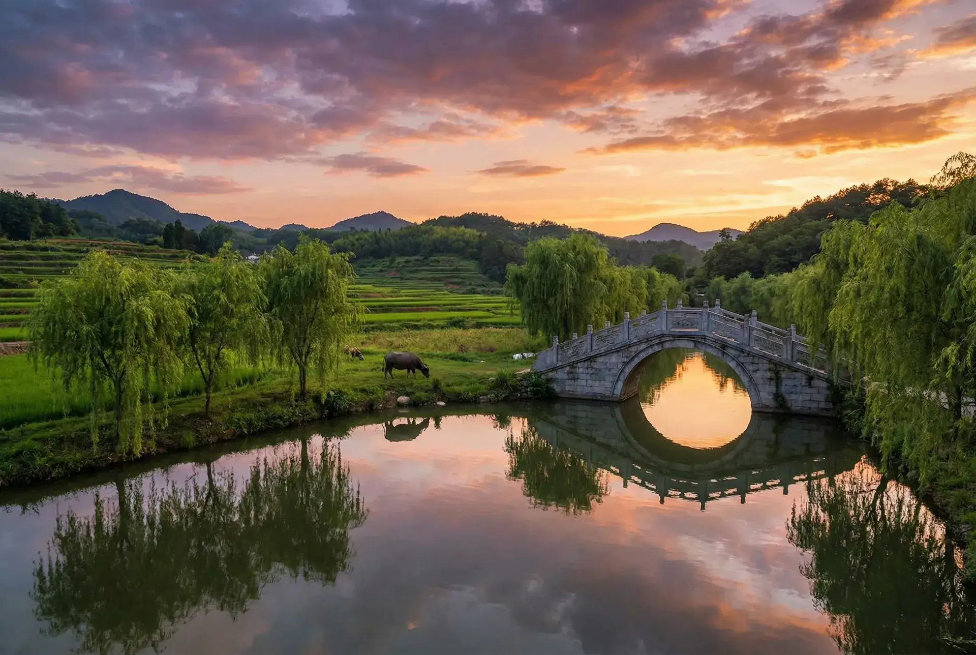 夕阳下的石拱桥与垂柳，水牛在河边吃草 - 独行月球在线观看 1080P 乡村美景